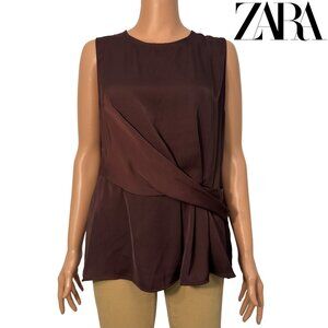Zara Chocolate Brown Gathered Front Pleated Detail Sleeveless Blouse Women’s Med